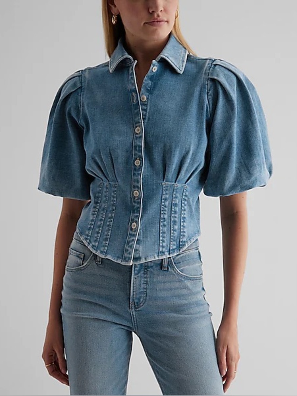 BAGATELLE Collection Light Blue Denim Button Down Puff Sleeve Top Size Large